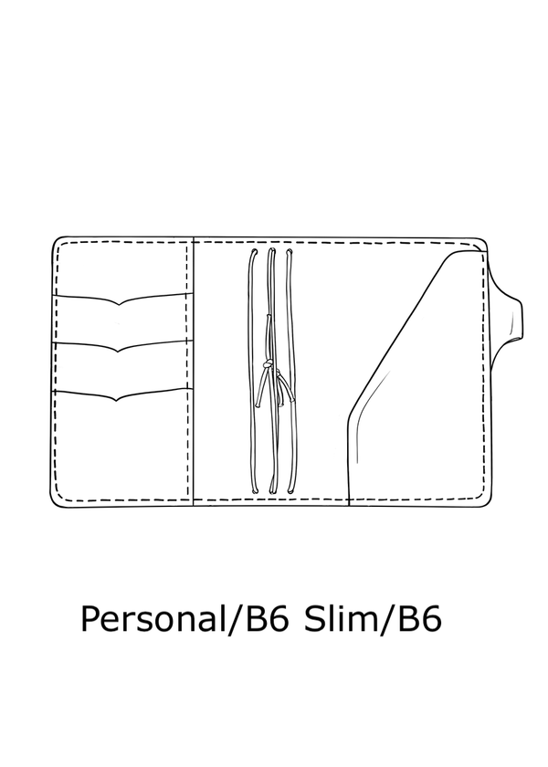 Drawing of B6 travelers notebook cover. Inside pockets, pen loop and strings to hold B6 TN inserts.
