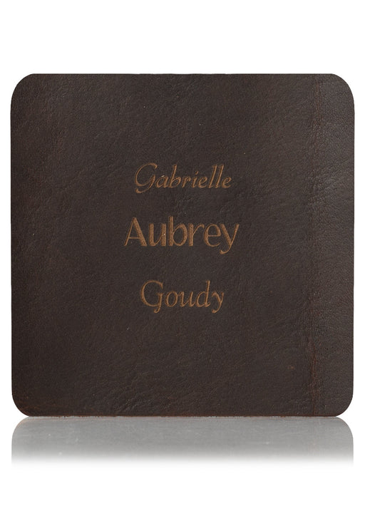 Brown leather sample with inscription text. Choose from 3 different fonts to customize the leather notebook cover.