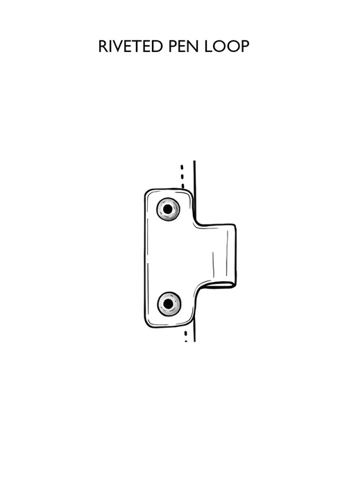 Drawing of optional riveted pen loop. Example of pen loop with metal rivets on a leather notebook cover.