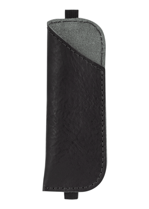 Black leather pen case with elastic strap. Storage for pens and pencils. Made in USA by Chic Sparrow.
