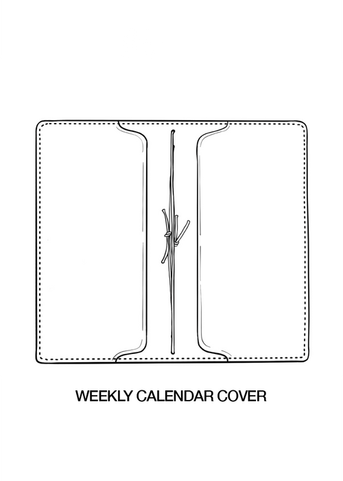 drawing of weekly calendar cover. Two inside pockets and string.